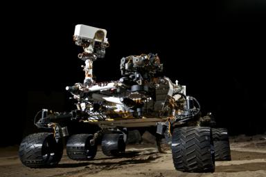 This photograph shows the Vehicle System Test Bed (VSTB) rover, a nearly identical copy to NASA's Curiosity rover on Mars.