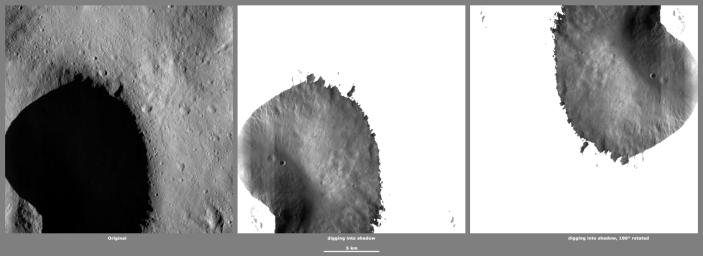 These images from NASA's Dawn spacecraft, located in Vesta's Caparronia quadrangle, in Vesta's northern hemisphere, demonstrate a special analytical technique, which results in shadowed areas of Vesta's surface becoming illuminated.