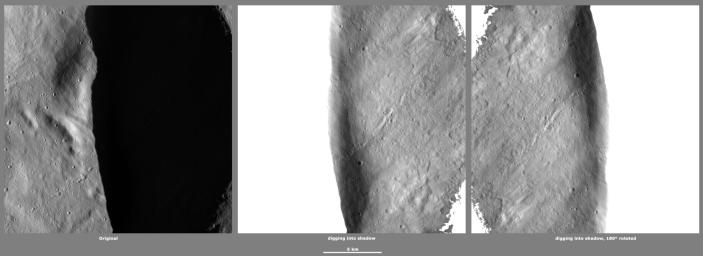 These images from NASA's Dawn spacecraft, located in asteroid Vesta's Oppia quadrangle, in Vesta's northern hemisphere, demonstrate a special analytical technique, which results in shadowed areas of Vesta's surface becoming illuminated.