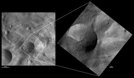 These images from NASA's Dawn spacecraft are located in asteroid Vesta's Tuccia quadrangle, in Vesta's southern hemisphere.