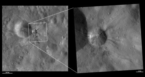 These images from NASA's Dawn spacecraft are located in asteroid Vesta's Lucaria Tholus quadrangle, in Vesta's southern hemisphere.