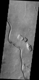 The channel in this image from NASA's 2001 Mars Odyssey spacecraft is part of Hebrus Vallis, located on the western margin of the Elysium volcanic complex.