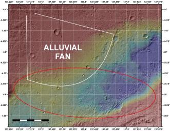 This image shows the topography, with shading added, around the area where NASA's Curiosity rover is slated to land on Aug. 5 PDT (Aug. 6 EDT). The red oval indicates the targeted landing area for the rover known as the 'landing ellipse.'