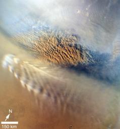 This close-up image of a dust storm on Mars was acquired by the Mars Color Imager instrument on NASA's Mars Reconnaissance Orbiter on Nov. 7, 2007. This image is centered on Utopia Planitia.