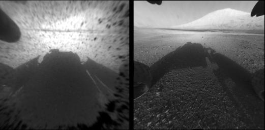 This image comparison shows a view through a Hazard-Avoidance camera on NASA's Curiosity rover before and after the clear dust cover was removed. Both images were taken by a camera at the front of the rover. Mount Sharp, looms ahead.