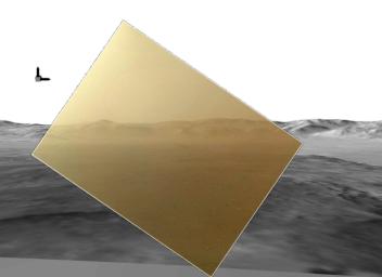 This picture from NASA's Curiosity rover puts a color view obtained by the rover in the context of a computer simulation derived from images acquired from orbiting spacecraft. The view looks north, showing the distant ridge of Gale Crater.