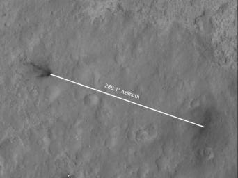 This portion of an image from NASA's Mars Reconnaissance Orbiter has been annotated to show the relative positions between NASA's Curiosity rover (right) and the impact site of its sky crane, or descent stage. 