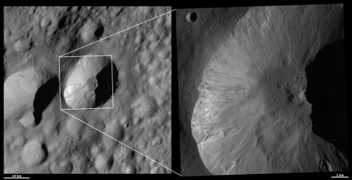 These images from NASA's Dawn spacecraft are located in asteroid Vesta's Floronia quadrangle, in Vesta's northern hemisphere. There are fine-scale streaks of dark and bright material originating from just underneath Licinia's scalloped rim.