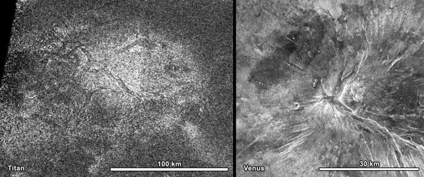 NASA's Cassini spacecraft obtained this image of a feature shaped like a hot cross bun in the northern region of Titan (left) that bears a striking resemblance to a similar feature on Venus (right).