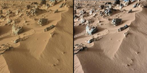 This pair of images from the Mast Camera on NASA's Curiosity rover shows the upper portion of a wind-blown deposit dubbed 'Rocknest.' At left, colors are unmodified, showing the scene as it would appear on Mars, which has a dusty red-colored atmosphere.
