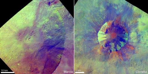 These enhanced-color views from NASA's Dawn mission show an unusual 'pitted terrain' on the floors of the craters named Marcia (left) and Cornelia (right) on the giant asteroid Vesta.