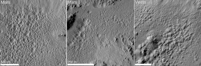 A distinctive 'pitted terrain' observed by NASA's Dawn mission on asteroid Vesta has also been seen on Mars. The morphologies of pits are similar on both bodies, with irregular shapes and sharp angles where pits share walls.