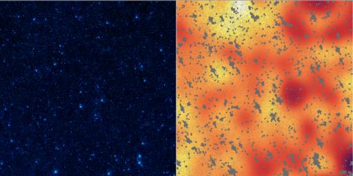 The image on the left shows a portion of our sky, called the Boötes field, in infrared light, while the image on the right shows a mysterious, background infrared glow captured by NASA's Spitzer Space Telescope in the same region of sky.