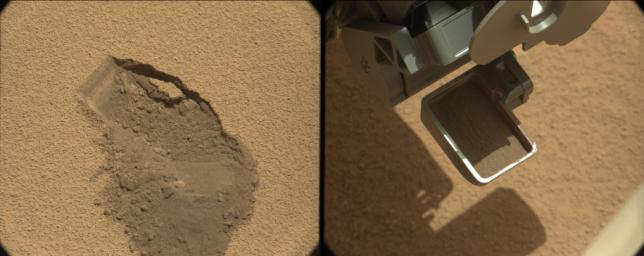 This pairing illustrates the first time that NASA's Mars rover Curiosity collected a scoop of soil on Mars. At right, the ground location 'Rocknest,' at left, after the scoop of sand and dust had been removed.