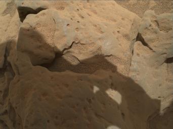 This focus-merge image from the Mars Hand Lens Imager (MAHLI) on the arm of NASA's Mars rover Curiosity shows a rock called 'Burwash.' The rock has a coating of dust on it. The coarser, visible grains are windblown sand.