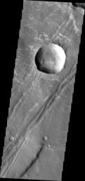 The depressions and offset ridge in this image captured by NASA's Mars Odyssey spacecraft are evidence of faulting in this region of Sinai Dorsa.