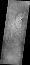 A volcanic vent has created a small construct (a volcano) in this region of Tharsis east of Arsia Mons. This image is from NASA's 2001 Mars Odyssey spacecraft.