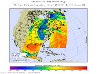 Early Tuesday, Oct. 30, 2012, Hurricane Sandy continued inland, moving to the northwest over Pennsylvania. Swaths of infrared measurements taken over two orbits of NASA's Aqua satellite by the Atmospheric Infrared Sounder are displayed here.