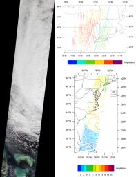 NASA's Terra spacecraft captured this imagery and data over Hurricane Sandy as the storm approached the U.S. east coast on Oct. 28, 2012. The image at left covers an area 250 miles (400 kilometers) wide and extends from Massachusetts to Florida.