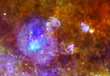 W44 is located around 10,000 light-years away, within a forest of dense star-forming clouds in the constellation of Aquila, the Eagle. This image combines data from ESA's Herschel and XXM-Newton space observatories.