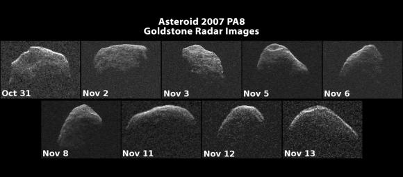 Images of asteroid 2007 PA8 have been generated with data collected by NASA's Goldstone Solar System Radar. The images of 2007 PA8 reveal possible craters, boulders, an irregular, asymmetric shape, and very slow rotation.