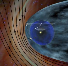 This artist's concept shows the different expected directions of the magnetic fields in interstellar space (black lines) and the magnetic field emanating from our sun (white lines) as NASA's Voyager 1 spacecraft travels northward out of the heliosphere.