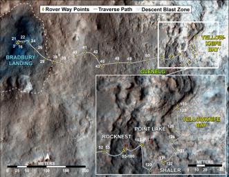 This map traces where NASA's Mars rover Curiosity drove between landing at a site subsequently named 'Bradbury Landing,' where the rover entered a shallow depression called 'Yellowknife Bay' on Sol 125 (Dec.12).