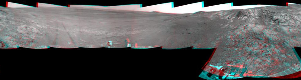 This full-circle, 3-D panorama shows the terrain around the NASA Mars Exploration Rover Opportunity on the northern portion of 'Matijevic Hill' on the 'Cape York' segment of the western rim of Endeavour Crater.
