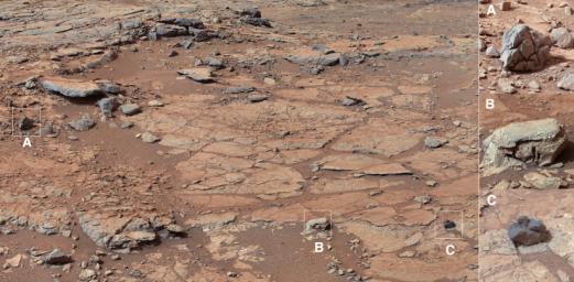 The right Mast Camera (Mastcam) of NASA's Curiosity Mars rover provided this contextual view of the vicinity of the location called 'John Klein,' selected as Curiosity's first drilling site.