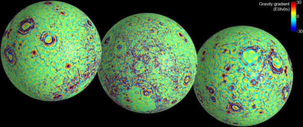These maps of the near and far side of the moon show gravity gradients as measured by NASA's GRAIL mission. Red and blue areas indicate stronger gradients due to underlying mass anomalies.