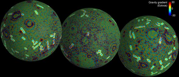 These maps of the near and far side of the moon show the gravity gradients as measured by NASA's GRAIL mission, highlighting a population of linear gravity anomalies.