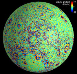 This moon map shows the gravity gradients calculated by NASA's GRAIL mission. Red and blue correspond to stronger gravity gradients.