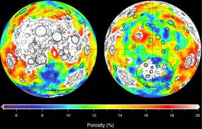 This image depicting the porosity of the lunar highland crust was derived using bulk density data from NASA's GRAIL mission and independent grain density measurements from NASA's Apollo moon mission samples as well as orbital remote-sensing data.