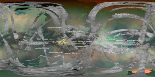 This map of Saturn's moon Titan identifies the locations of mountains named by the International Astronomical Union. By convention, mountains on Titan are named for mountains from Middle-earth, the fictional setting in fantasy novels by J.R.R. Tolkien.