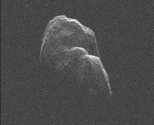 This image of asteroid Toutatis was generated with data collected using NASA's Deep Space Network antenna at Goldstone, Calif., on Dec. 12 and 13, 2012 and indicates that it is an elongated, irregularly shaped object with ridges and perhaps craters.