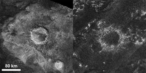 This set of images from the radar instrument on NASA's Cassini spacecraft shows a relatively 'fresh' crater called Sinlap (left) and an extremely degraded crater called Soi (right).