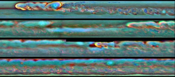This set of images from NASA's Cassini mission shows the evolution of a massive thunder-and-lightning storm that circled all the way around Saturn and fizzled when it ran into its own tail.