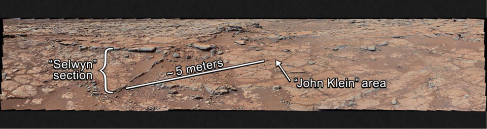 From a position in the shallow 'Yellowknife Bay' depression, NASA's Mars rover Curiosity used its right Mast Camera (Mastcam) to take the telephoto images combined into this panorama of geological diversity.