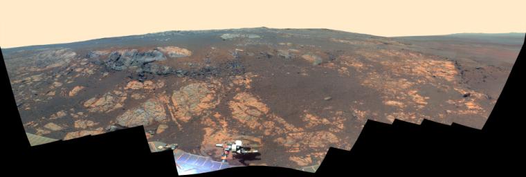 This false color image from NASA's rover Opportunity takes a look at Matijevic Hill, an area within the 'Cape York' segment of Endeavour's rim where clay minerals have been detected from orbit.