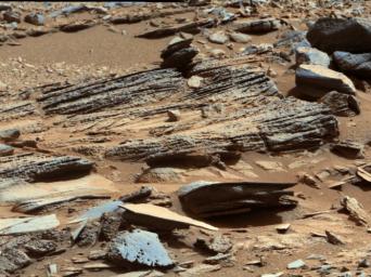 This image from the Mast Camera (Mastcam) on NASA's Mars rover Curiosity shows inclined layering known as cross-bedding in an outcrop called 'Shaler.'