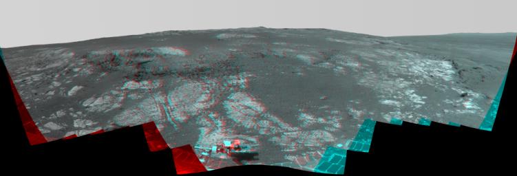This 3-D image from NASA's rover Opportunity takes a look at Matijevic Hill, an area within the 'Cape York' segment of Endeavour's rim where clay minerals have been detected from orbit.