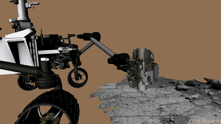 This frame from an animation of NASA's Curiosity rover shows the complicated suite of operations involved in conducting the rover's first rock sample drilling on Mars and transferring the sample to the rover's scoop for inspection.