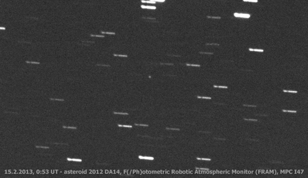 This frame from a movie from the Samford Valley Observatory in Brisbane, Australia, shows the progress of asteroid 2012 DA14 across the night sky as it nears its closest approach. It was taken at 12:59 UTC on Feb. 15 (7:59 a.m. EST, or 4:59 a.m. PST).