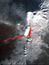 Plosky Tolbachik volcano in Russia's far eastern Kamchatka peninsula erupted on Nov. 27, 2012, for the first time in 35 years, sending clouds of ash to the height of more than 9,800 feet (3,000 meters) in this image from NASA's Terra spacecraft.