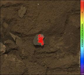 On this image of the broken rock called 'Tintina,' color coding maps the amount of mineral hydration indicated by a ratio of near-infrared reflectance intensities measured by the Mastcam on NASA's Mars rover Curiosity.