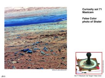 This image of terrain inside Mars' Gale Crater and the calibration target for Mastcam on NASA's Mars rover Curiosity illustrate how false color can be used to make differences more evident in the materials in the scene.