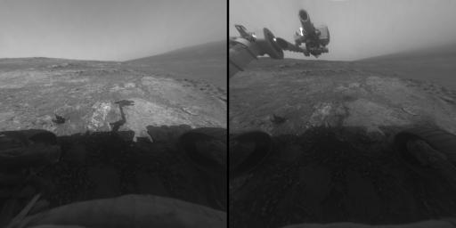 These two images, taken five Martian days (sols) apart by the front hazard-avoidance camera on NASA's Mars Exploration Rover Opportunity, document the Martian sky above the rover's Endeavour Crater location becoming dustier.