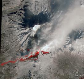 NASA's Terra spacecraft reveals the still-active lava flows in the snowy winter landscape of Plosky Tolbachik volcano, which erupted for the first time in 35 years on Nov. 27, 2012, in Russia's far eastern Kamchatka Peninsula.
