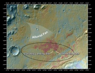 This false-color map shows the area within Gale Crater on Mars, where NASA's Curiosity rover landed on Aug. 5, 2012 PDT (Aug. 6, 2012 EDT) and the location where Curiosity collected its first drilled sample at the 'John Klein' rock.
