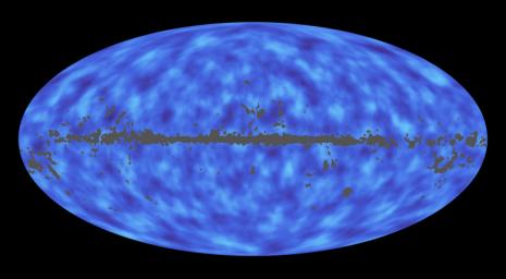 This full-sky map from ESA's Planck mission shows matter between Earth and the edge of the observable universe. Regions with less mass show up as lighter areas while regions with more mass are darker.